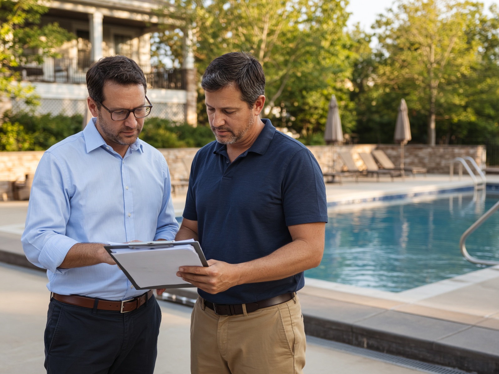 Property and pool professionals reviewing a community pool project