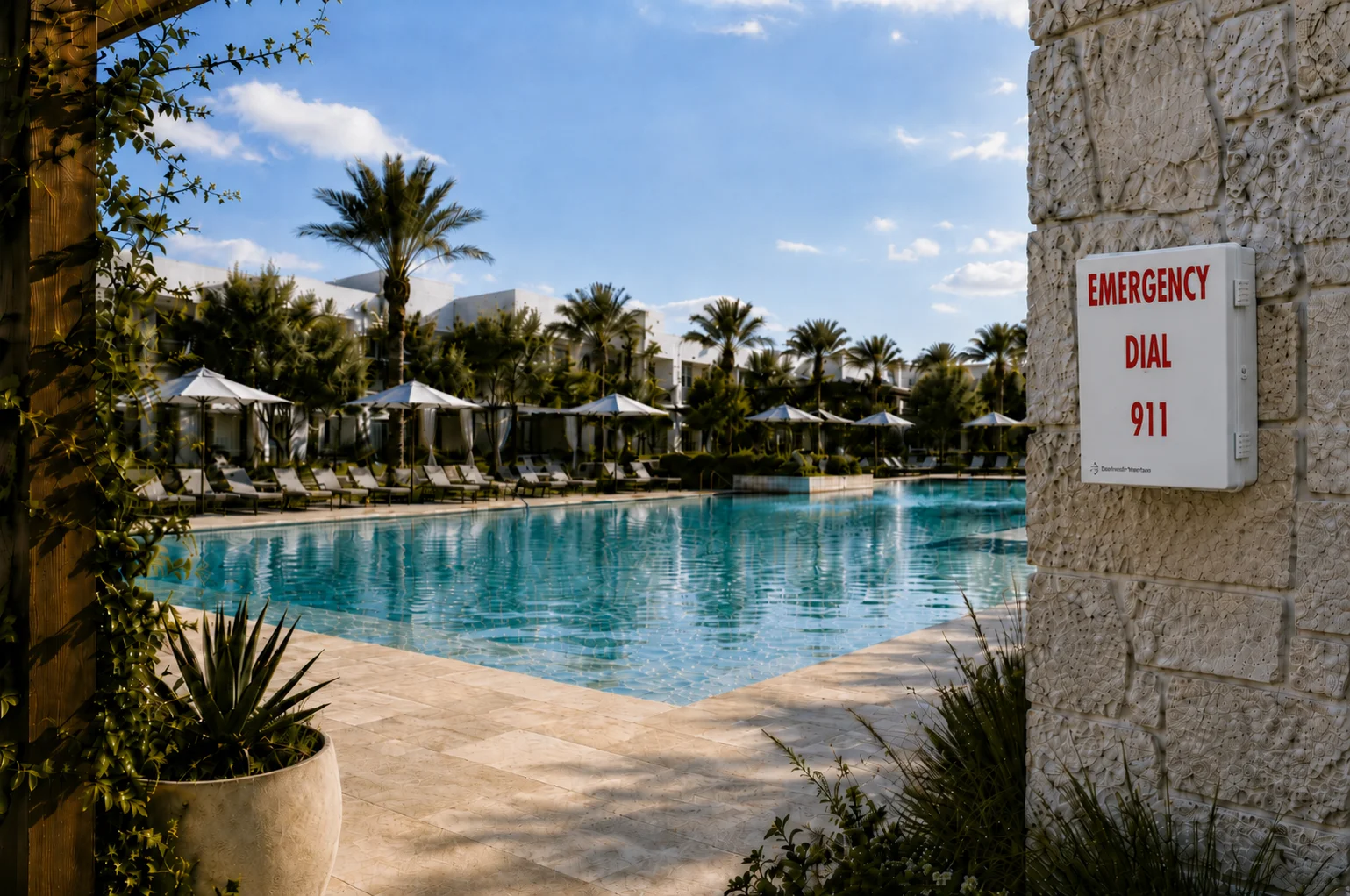 Commercial outdoor swimming pool at a modern apartment complex